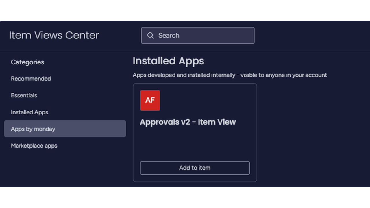 Adding the Approvals Item View to a board item from the Item Views Center